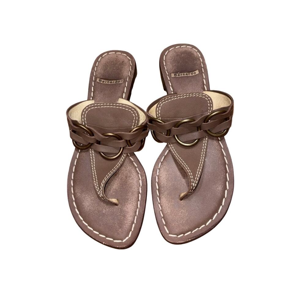 Bernardo Brown Leather Metal Ring T-Strap Sandals     Size: 8M